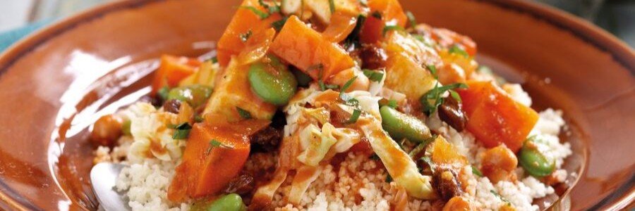 Traditional Moroccan couscous with seven vegetables served in Agadir.