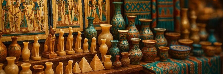 A colorful market display filled with handcrafted Egyptian souvenirs, including small alabaster cat statues, mini pyramids, painted pottery vases, and papyrus art panels.