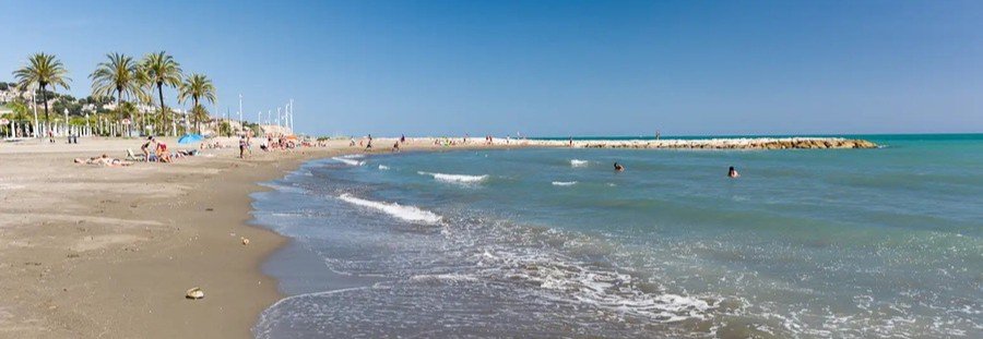 El Palo Beach Málaga with sandy shoreline, gentle waves, and palm-lined promenade