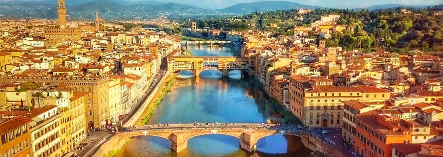 Aerial view of Florence with Arno River and historic bridges