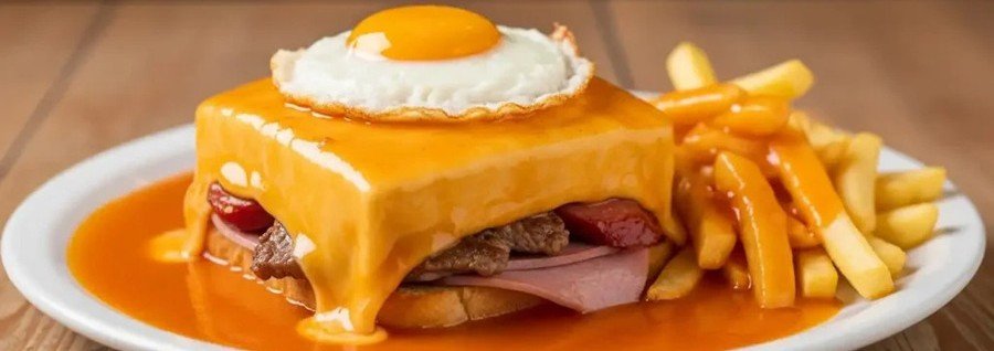 francesinha sandwich with melted cheese sauce egg and fries Porto Portugal