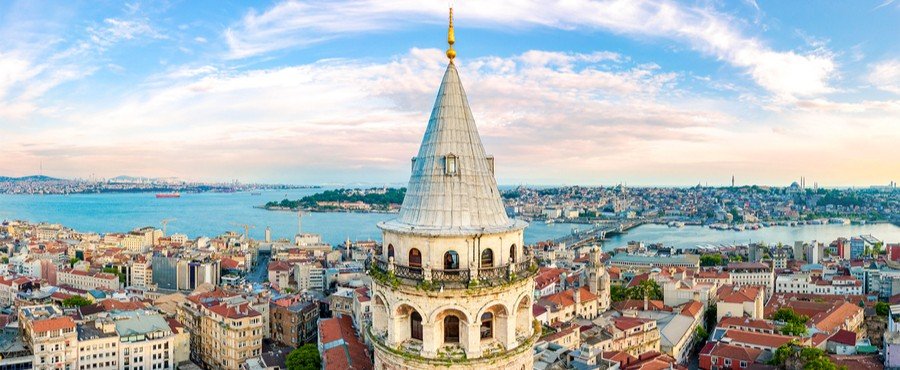Galata Tower overlooking Istanbul skyline and Bosphorus near Istanbul Port