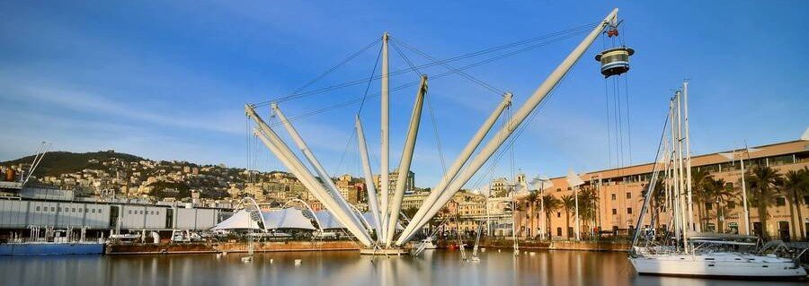 Bigo panoramic lift at Porto Antico Genoa offering elevated harbor views