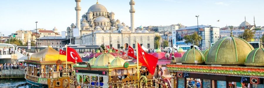 Istanbul market scene with mosque and waterfront near Istanbul Port