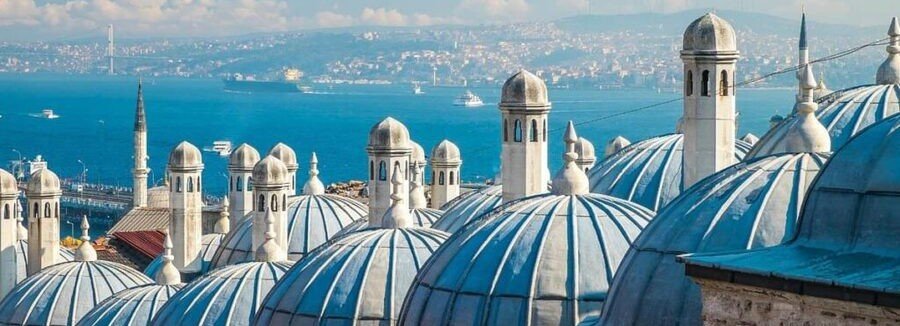 mosque domes overlooking Bosphorus in Istanbul near Istanbul Port skyline