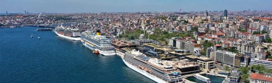 Istanbul Port with cruise ships docked along the Bosphorus coastline and city skyline