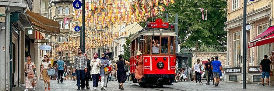 Istanbul tram in Karaköy street scene near Istanbul Port with shops and pedestrians