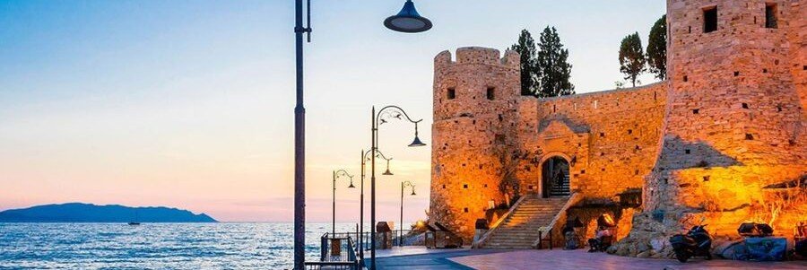 Kusadasi coastal town view with harbor and buildings