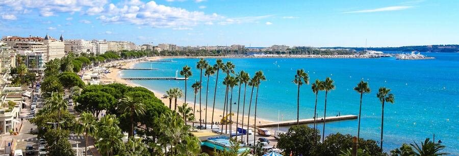 Panoramic view of La Croisette promenade in Cannes with palm trees, sandy beach, and turquoise Mediterranean water