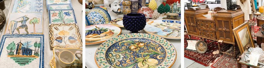 Antique market in La Spezia with ceramics, furniture, and vintage items