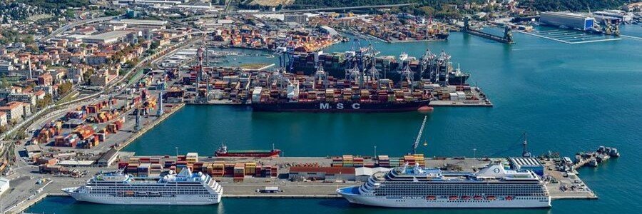 Aerial view of La Spezia port with cruise ships docked near the terminal