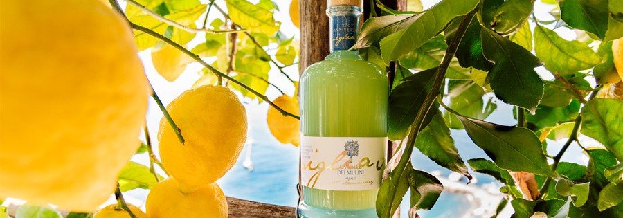 Limoncello bottle with fresh lemons along the Amalfi Coast