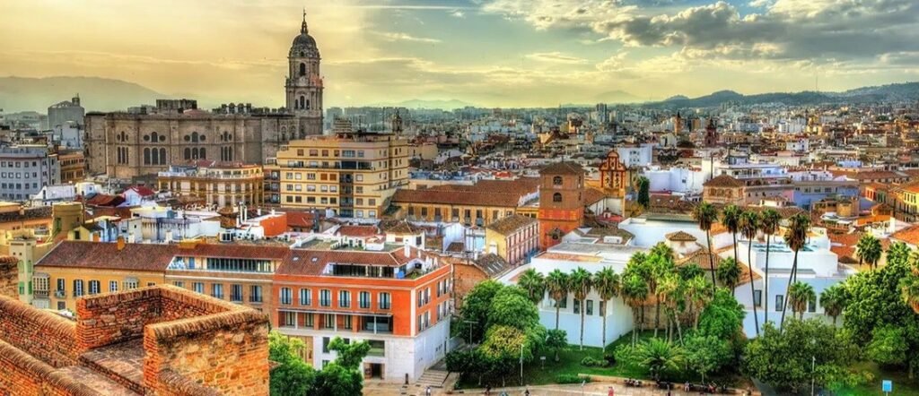Málaga Port and Old Town skyline in Malaga Spain with historic buildings and coastal views