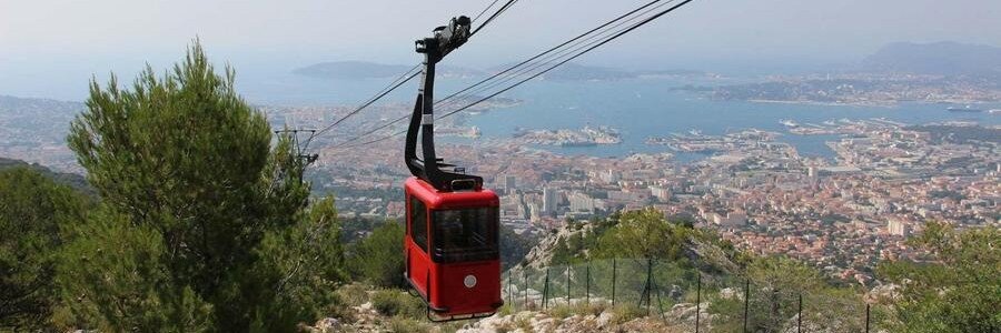 Mont Faron cable car overlooking Toulon harbor and the Mediterranean coastline
