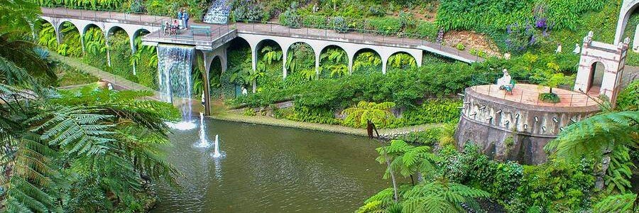 Monte Palace Tropical Garden with waterfall and lush greenery in Madeira