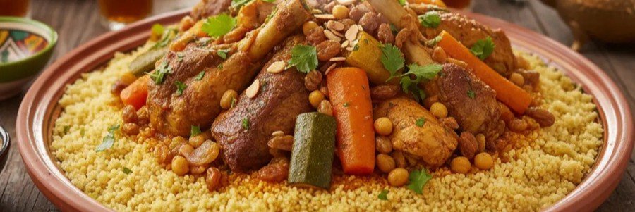 Traditional Moroccan couscous with vegetables and meat served in Casablanca.