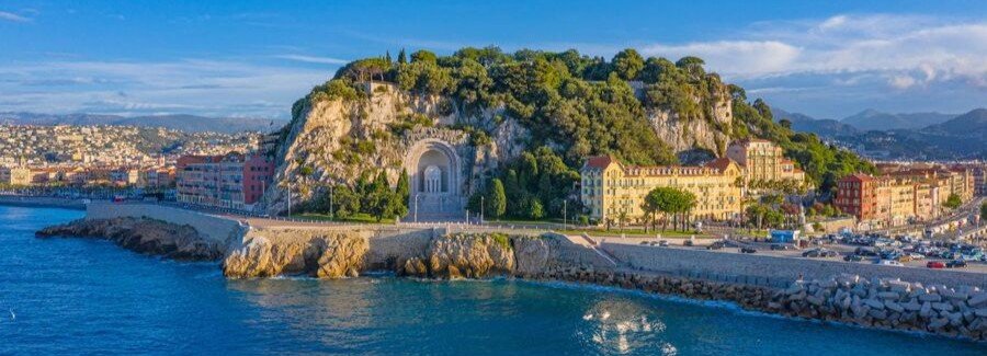 Castle Hill near Nice Port overlooking the coastline and waterfront buildings on the French Riviera