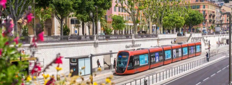 Nice Port and Nice Cruise Port tram line 2 near Port Lympia with modern public transport in the city center