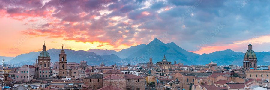 Palermo skyline at sunset with Monte Pellegrino in the background