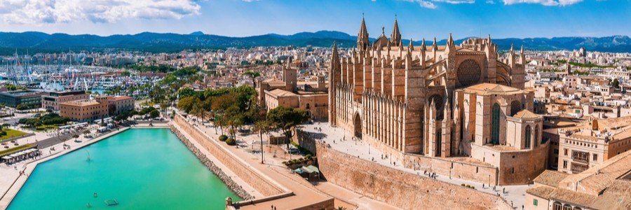 Aerial view of Palma Cathedral La Seu overlooking the city and waterfront in Mallorca