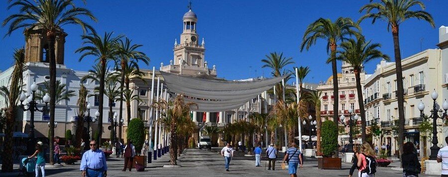 Plaza de San Juan de Dios in Cádiz with palm trees and city hall near the cruise port