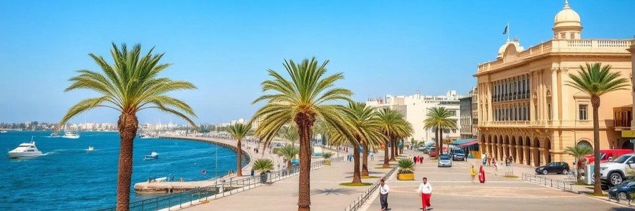 A wide scenic view of the Port Said Corniche boardwalk lined with green palm trees next to the bright blue Suez Canal water, featuring the historic Suez Canal Authority building on the right under a clear blue sky.