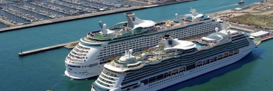 Ravenna Port aerial view with cruise ships docked along the Adriatic coast