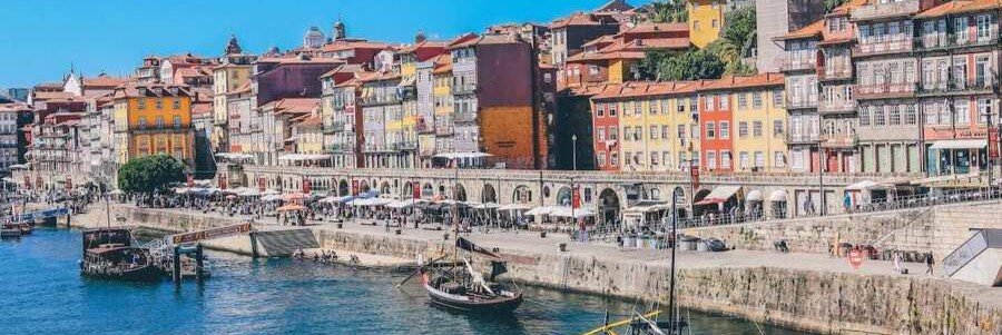 Ribeira District colorful buildings along Douro River Porto Portugal
