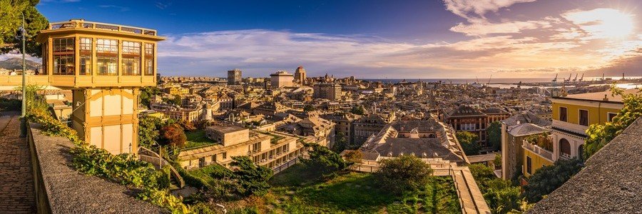 Spianata Castelletto viewpoint overlooking Genoa rooftops and harbor