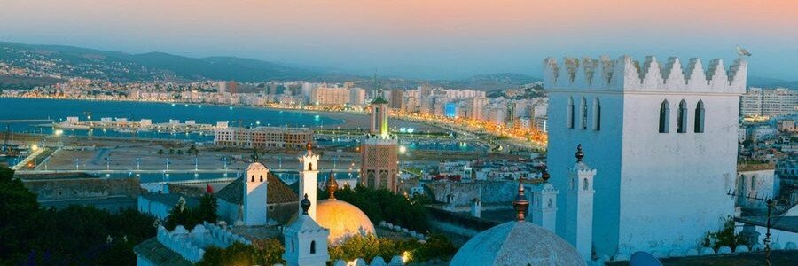 Panoramic view of Tangier cruise port and city skyline in Morocco.