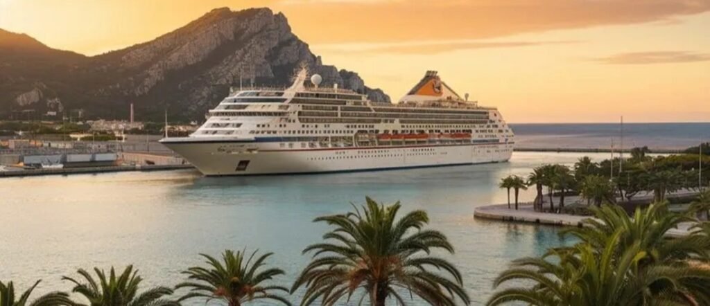 Cruise ship arriving at Toulon Port at sunset with palm trees and mountains