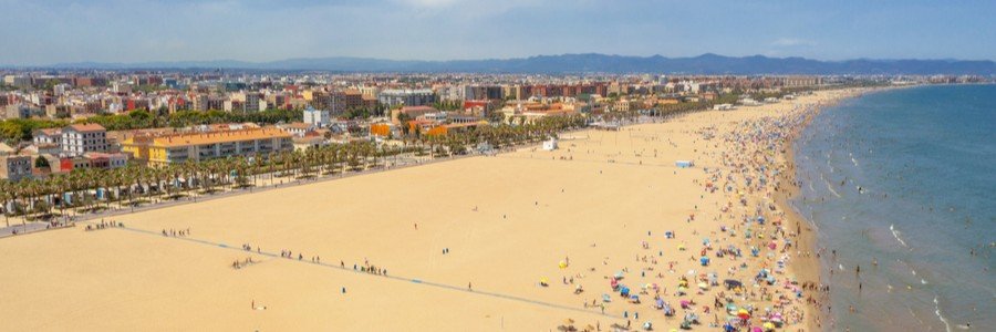 Valencia Malvarrosa Beach coastline with wide sandy shore and Mediterranean sea