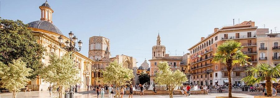 Valencia Plaza de la Reina with cathedral, square, and historic buildings