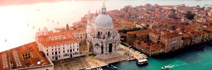 Aerial view of Venice with Santa Maria della Salute and surrounding canals