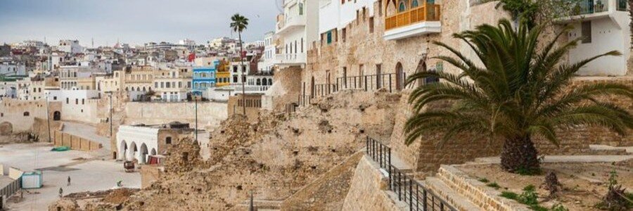 Historic streets and stone walls in Tangier Medina Morocco.