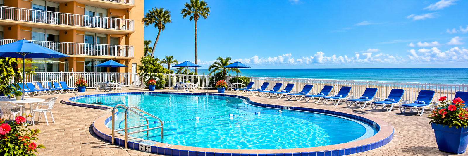 Sparkling swimming pool with blue lounge chairs, umbrellas, and beautiful Atlantic Ocean views in Daytona Beach, Florida.