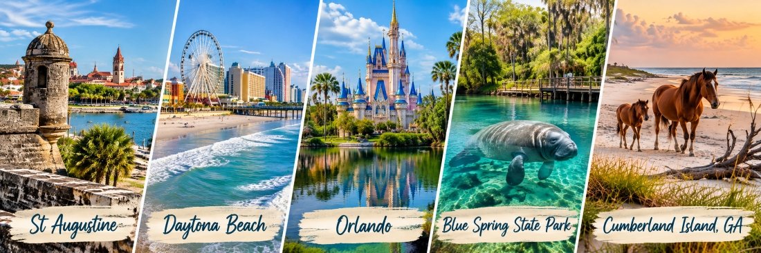 Scenic Florida day trip destinations near Flagler Beach and Palm Coast, featuring historic attractions, beautiful beaches, and natural landscapes.