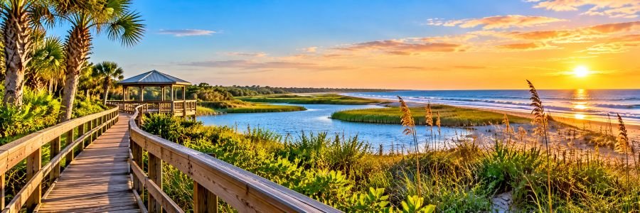 Wooden boardwalk winding through lush coastal greenery toward a waterfront gazebo, with marshes, sandy dunes, and a golden sunset.