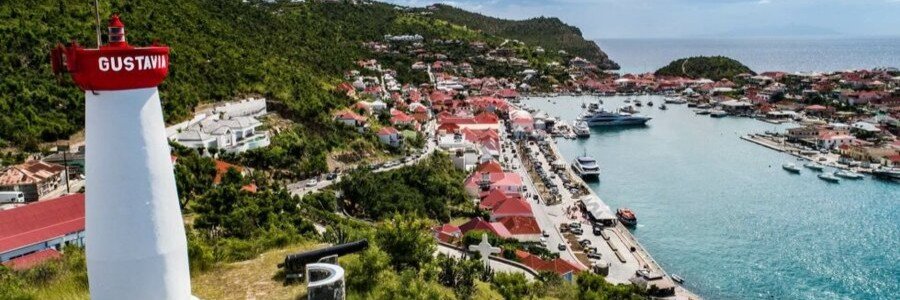Gustavia Lighthouse overlooking the harbor and waterfront in St. Barts.
