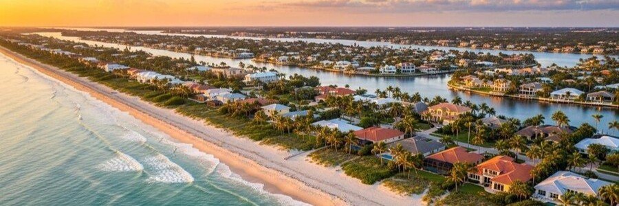 Aerial View of Indian Harbour Beach | Beach Travel Destinations Aerial view of Indian Harbour Beach with beachfront homes, the Atlantic Ocean, and the Indian River Lagoon.