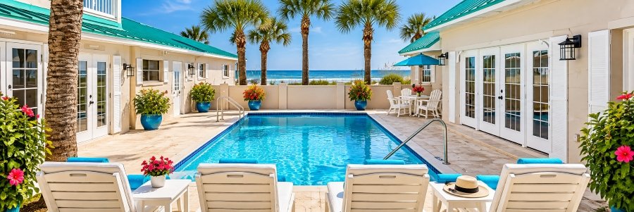 A sparkling turquoise swimming pool surrounded by charming white cottages, palm trees, colorful flowers, and inviting lounge chairs.