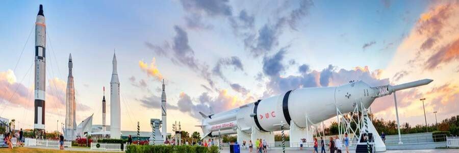 Historic rockets and spacecraft displayed at Kennedy Space Center near Cape Canaveral, Florida.