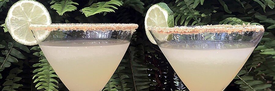 Two key lime martinis with salted rims and lime garnish served in cocktail glasses.