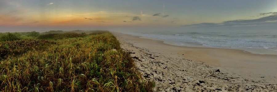 Quiet shoreline and coastal dunes at Klondike Beach during sunrise