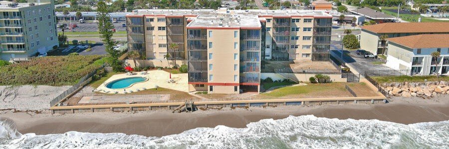 Aerial view of Sandpiper beachfront condominiums overlooking the Atlantic Ocean near Indian Harbour Beach.