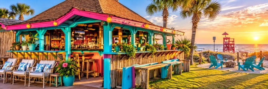 Colorful turquoise and pink tiki bar with tropical flowers, comfortable seating, and palm trees overlooking the ocean at sunset.
