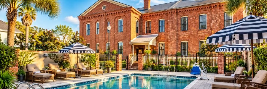 Amelia Schoolhouse Inn with its outdoor pool, striped umbrellas, palm trees, and historic red brick architecture.