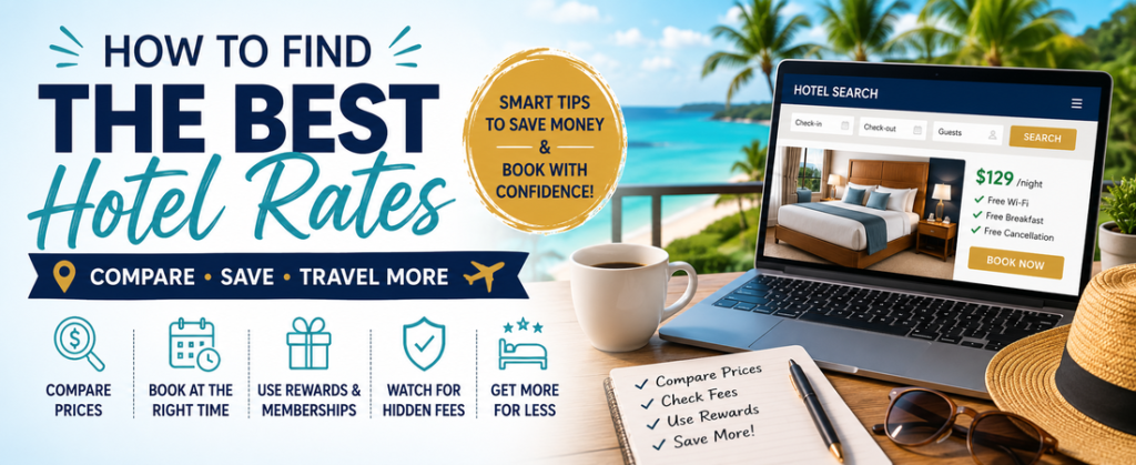 Laptop showing hotel booking website overlooking a tropical beach with tips for finding the best hotel rates online.