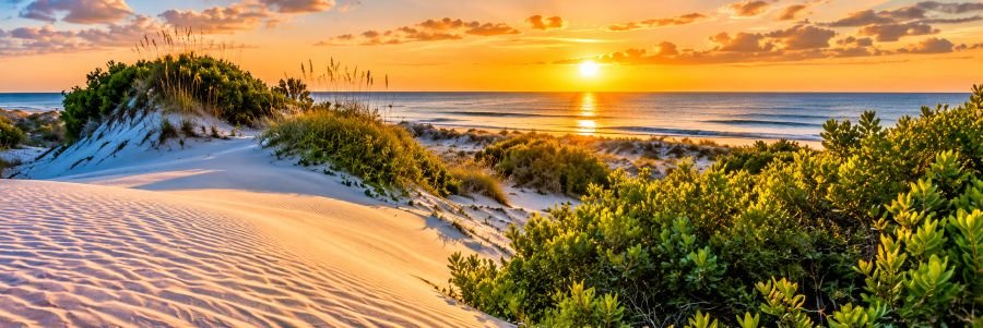 Golden sunset over the sand dunes and Atlantic Ocean at Cumberland Island.