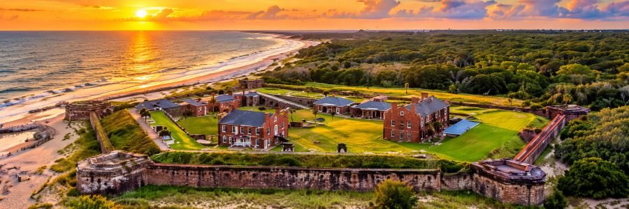 Aerial view of historic Fort Clinch beside the coastline at Fernandina Beach Florida.